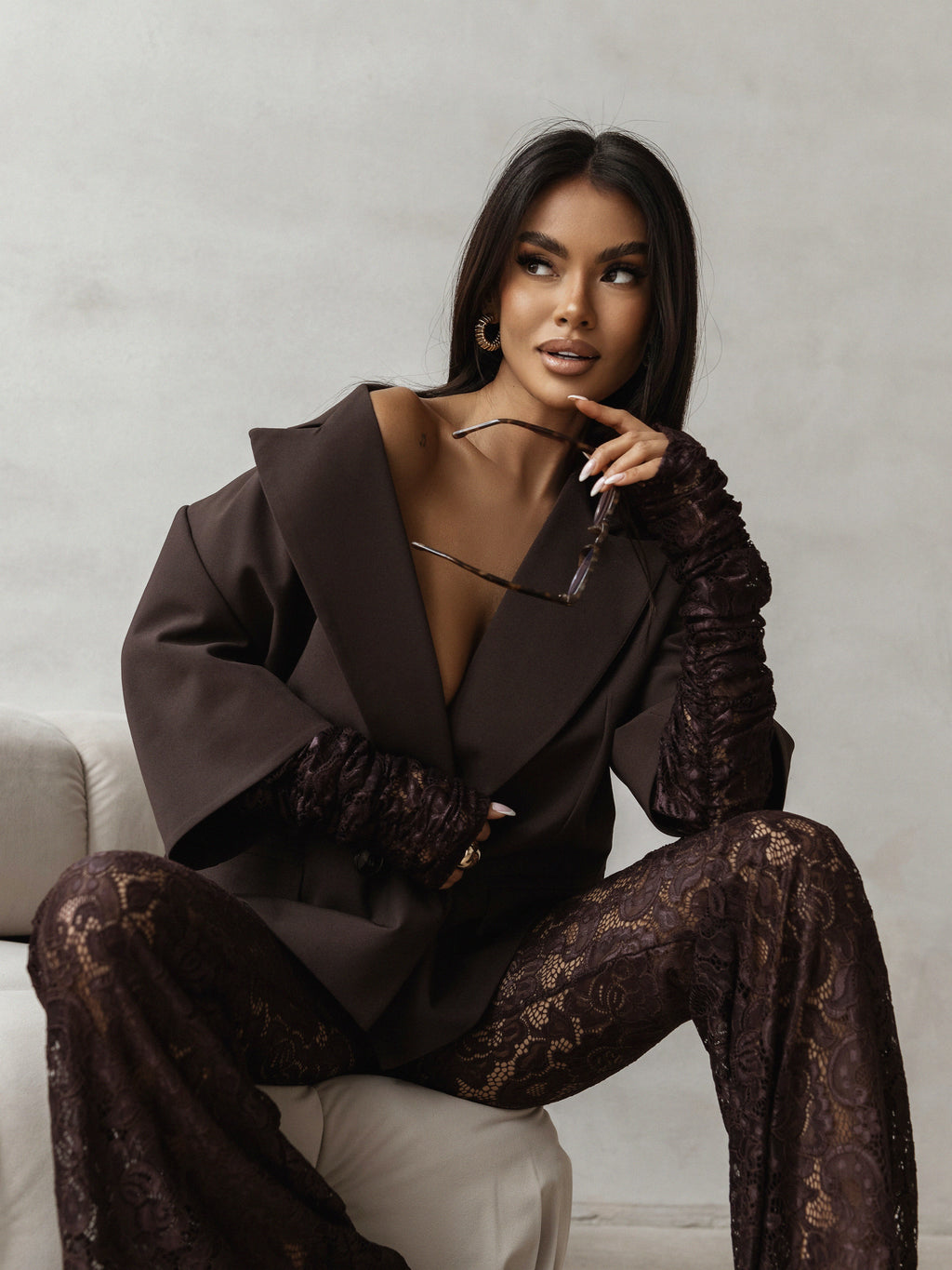 Oversize-Blazer mit Spitzenärmeln Braun