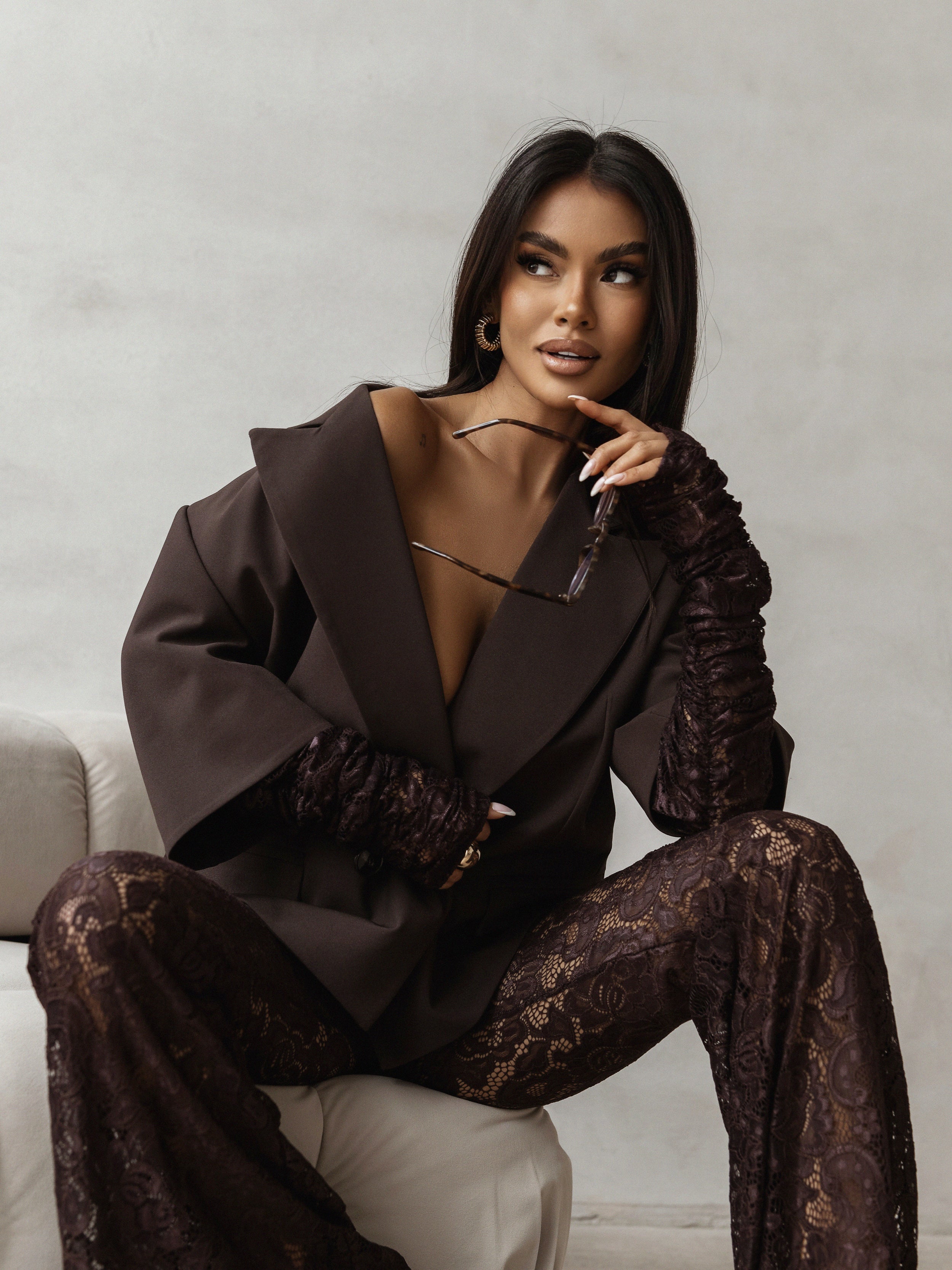 Oversize-Blazer mit Spitzenärmeln Braun