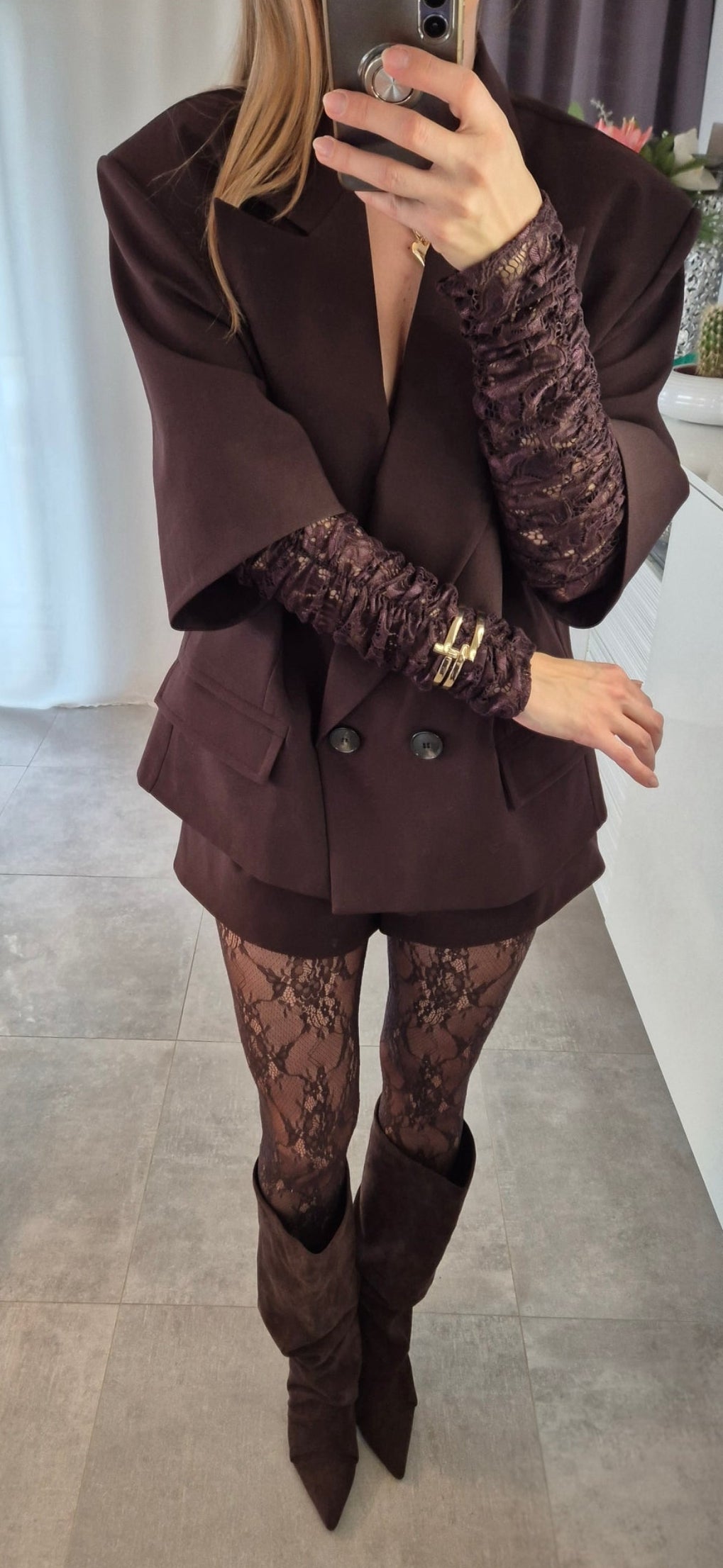 Oversize-Blazer mit Spitzenärmeln Braun