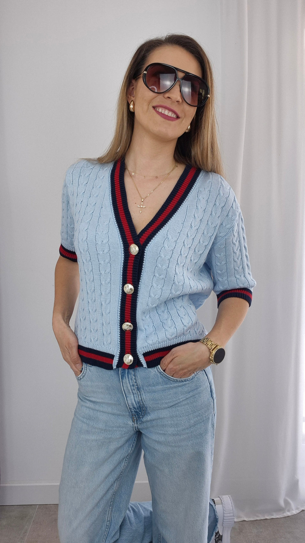 Kurzarm- Cardigan blau