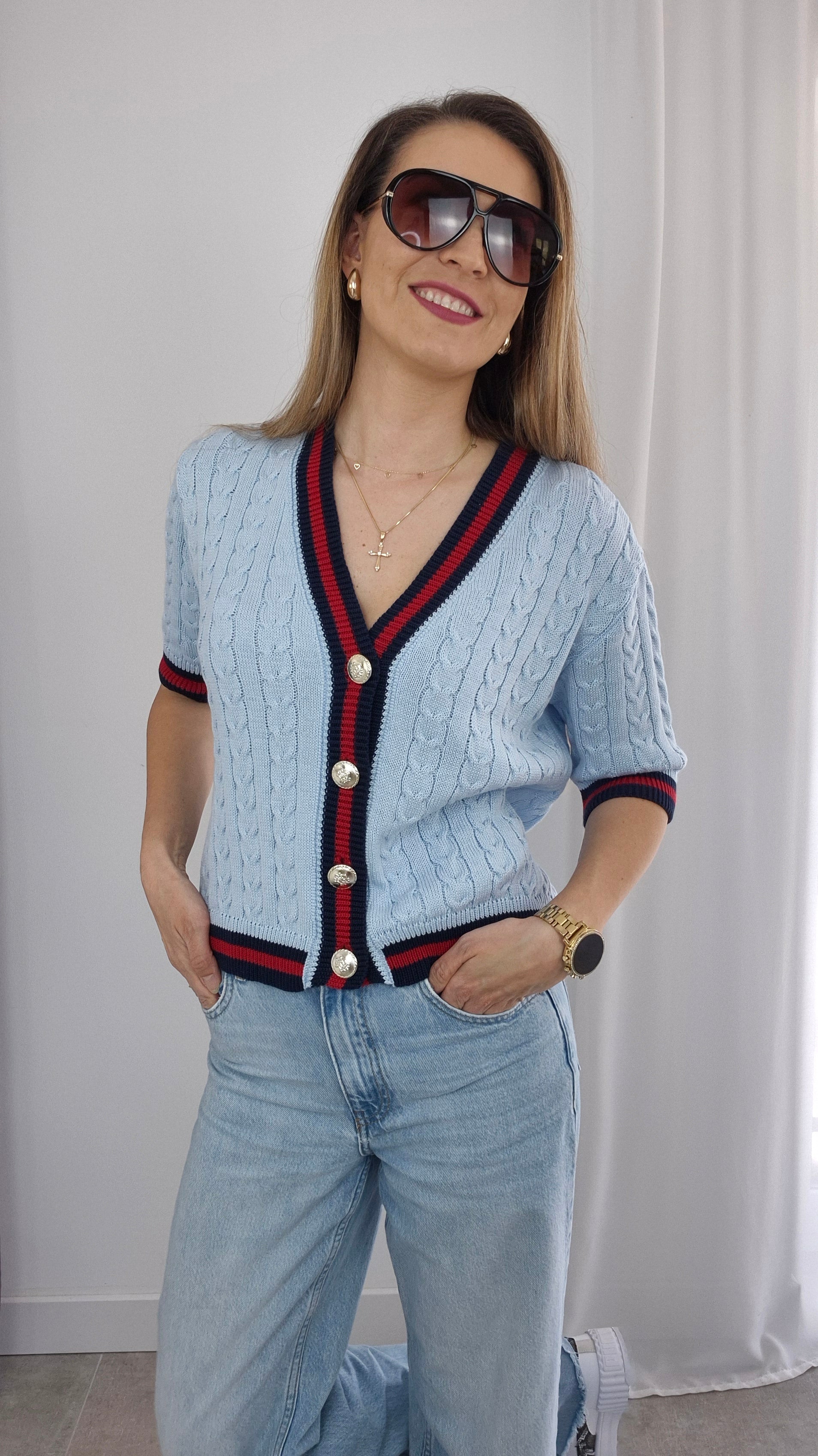 Kurzarm- Cardigan blau